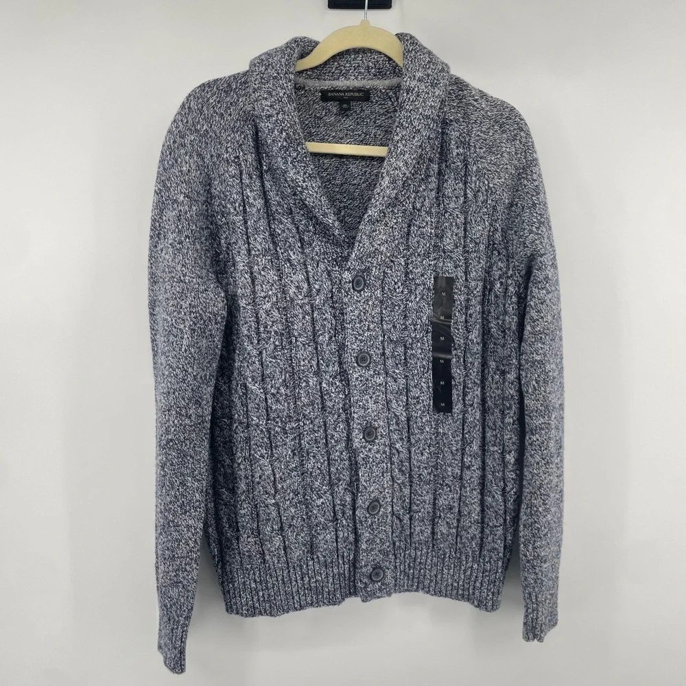 Banana Republic Cardigan Mens M Blue Marled Cable Knit Shawl Collar Sweater